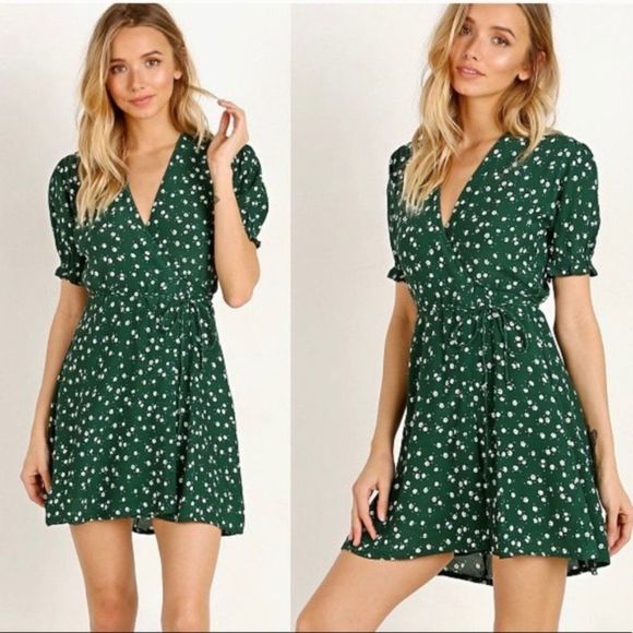 Adorable Faithfull The Brand Puff Sleeve Green Wrap Dress - Picture 3 of 8